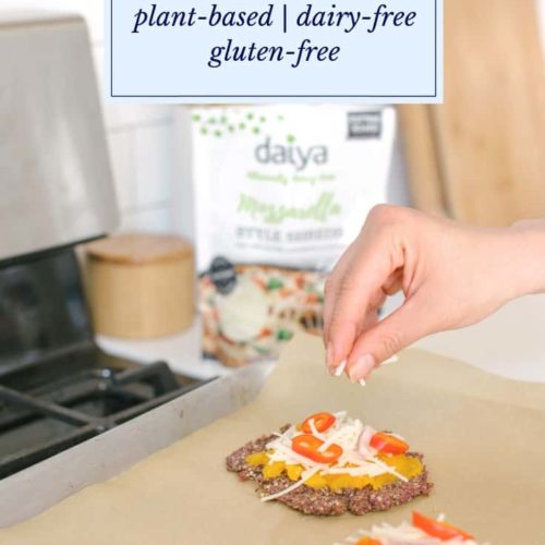 Cauliflower Crust Pizza with Daiya Mozzarella Recipe | This healthy homemade pizza recipe is easy to make and so good! It uses a non-dairy plant-based cheese, so you get all the cheesy goodness of real cheese without its drawbacks. It’s also gluten-free, completely plant-based, and loaded with healthy veggies. Click to get the full recipe for your next pizza night! | The Dimple Life #thedimplelife #pizzarecipes #plantbased