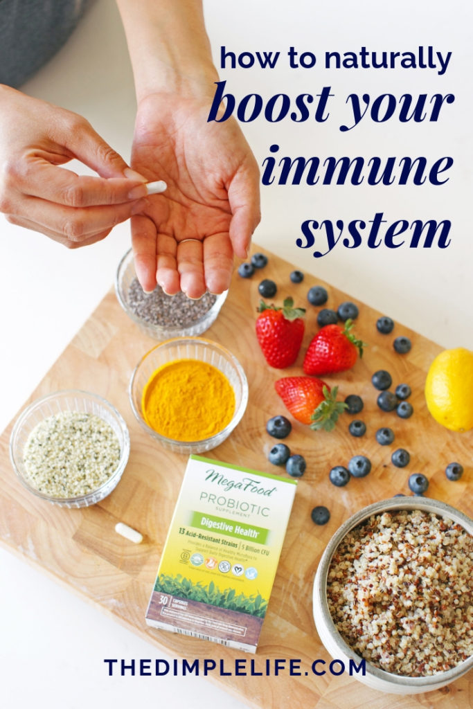 How to boost your immune system naturally | Did you know that the majority of our immune system is in our gut? That’s why good gut health is so important for healthy immunity. In this post, I share my favorite anti-inflammatory foods that are natural immune system boosters + my go-to probiotic supplement. | The Dimple Life #thedimplelife #guthealth #immunesystem
